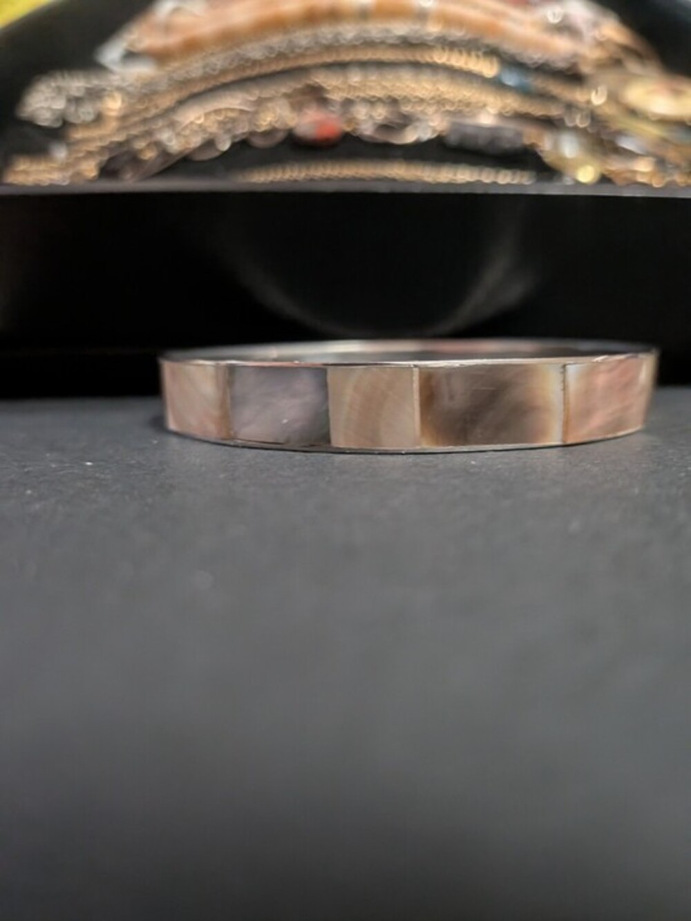 Vintage Minimalist Silver Mother of Pearl Inlay Block Bangle Bracelet
